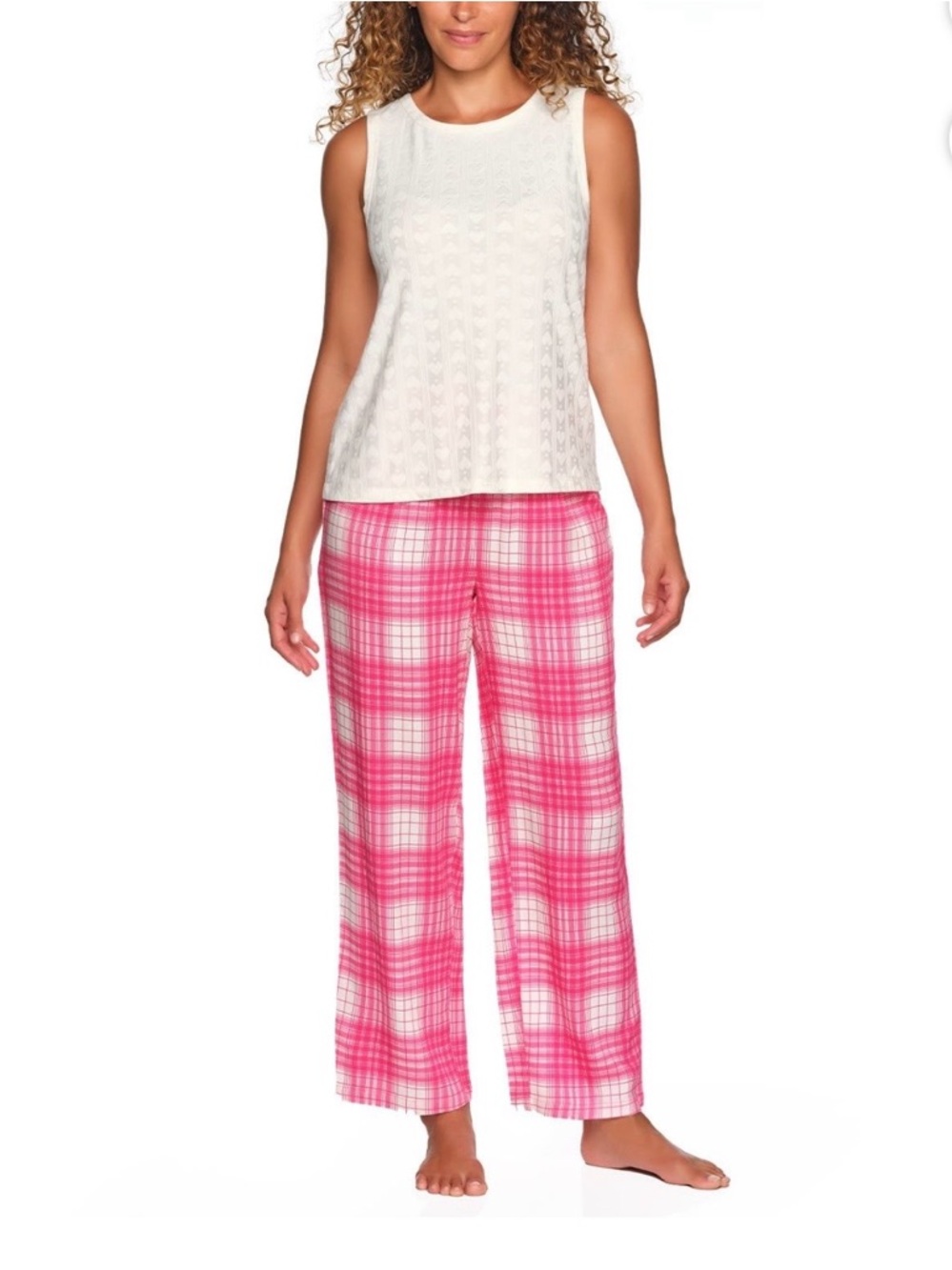 LOFT White Tank with Pink Plaid Lounge Pants
